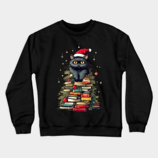 Christmas Cat Books Tree watercolor Crewneck Sweatshirt